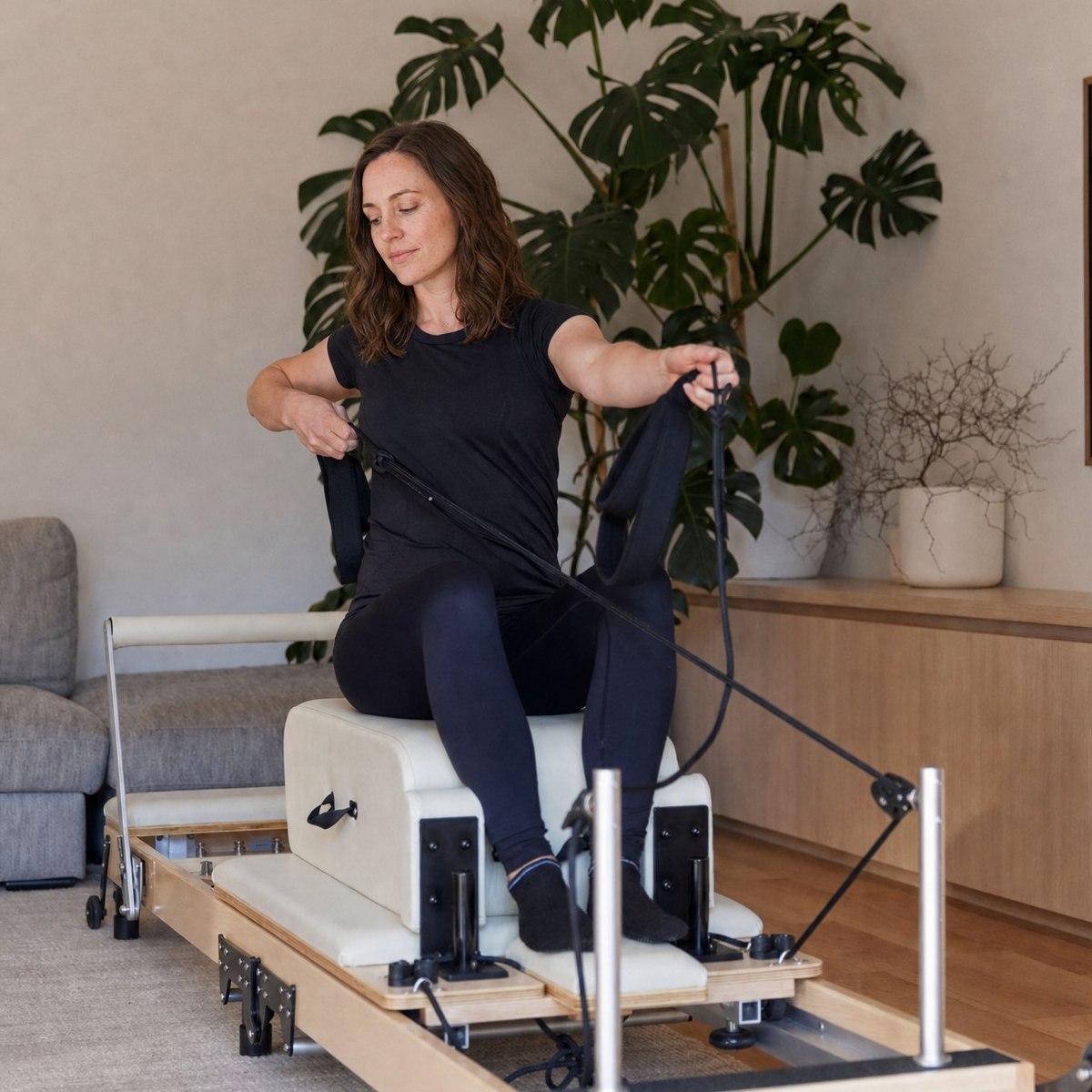 A woman drawing the ropes on the Studio Reformer in her living room
